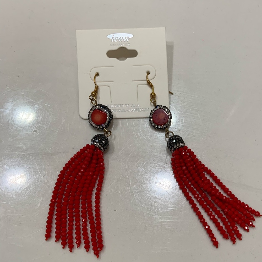 Red beaded tassel earrings